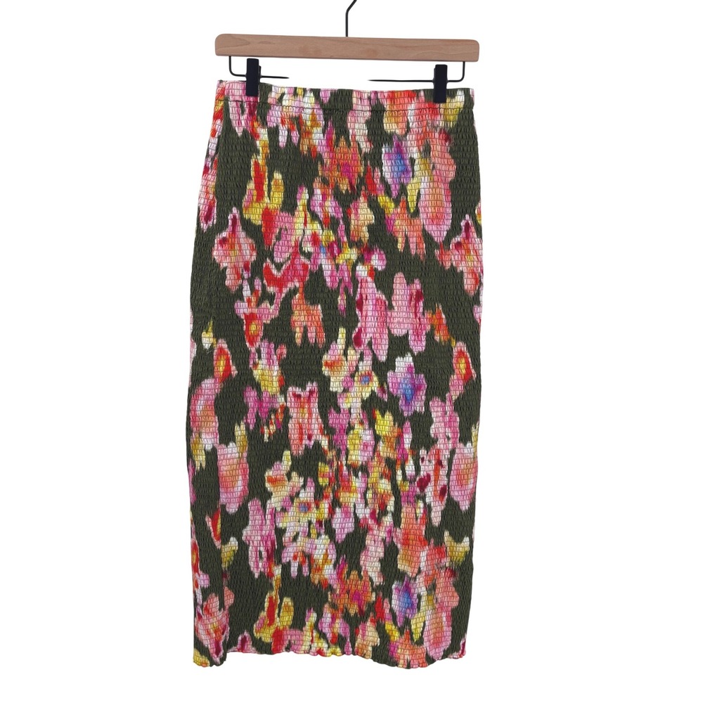 La Ligne Smocked Midi Skirt Olive Green Floral  Print 100% Cotton Medium - Picture 2 of 8